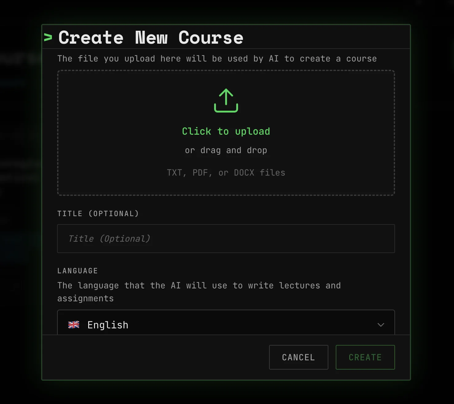 Upload interface for adding your study material