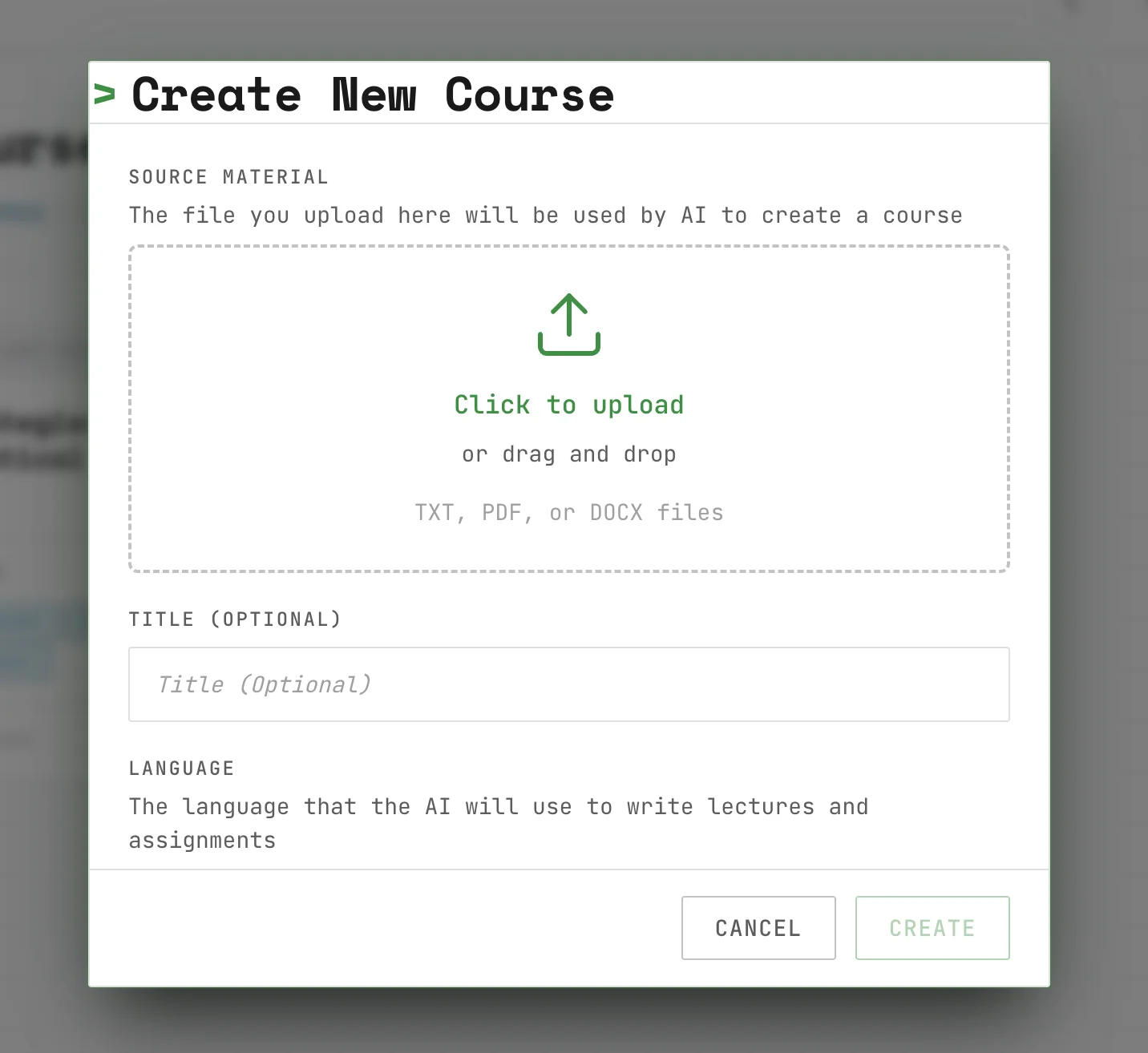 Upload interface for adding your study material
